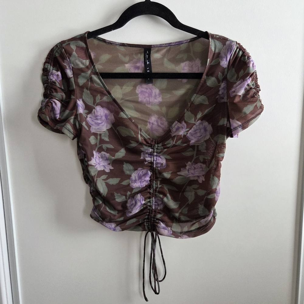Urban Outfitters Out From Under Ruched Floral Mesh Tie Crop Top